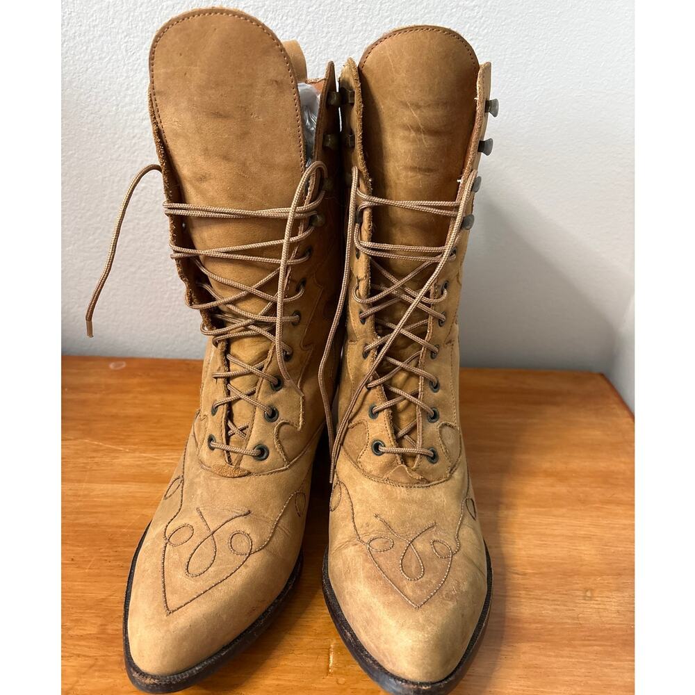 Vintage Tan Leather Lace Up Victorian Style Granny Packer Boot 7.5 - Picture 2 of 7